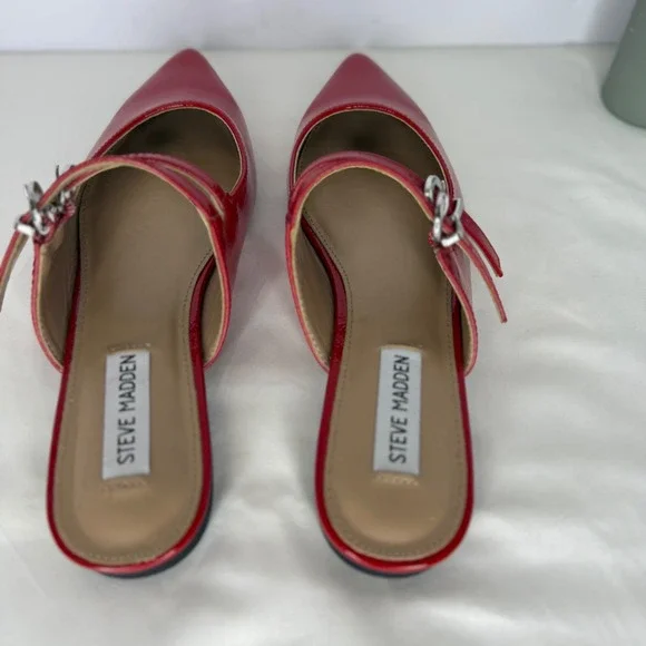Steve Madden Elizaa Red Patent Mary Jane Pointed Toe Mules Flat Shoes 7.5M - Picture 5 of 8